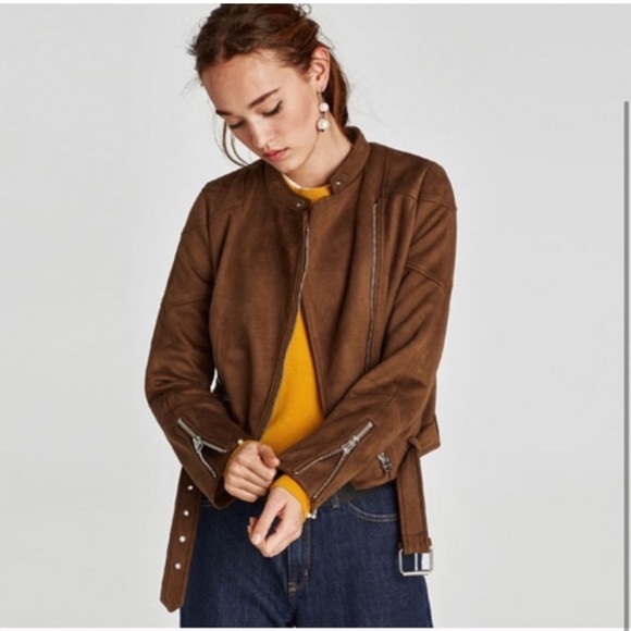 ZARA TRF Faux Brown Suede Moto Jacket - Picture 1 of 9
